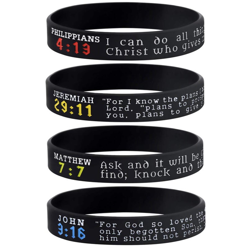 Sainstone Bible Wristbands, Religious Gift Pack - Philippians 4:13, Jeremiah 29:11, John 3:16, and Matthew 7:7 - Set of 4 Scripture Bracelets - Adult Size for Men Women (Black Multi) - Image 1